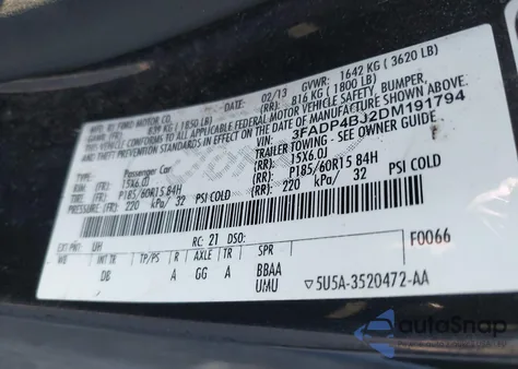 2013 Ford Fiesta Se из США, поврежденный, VIN 3FADP4BJ2DM191794